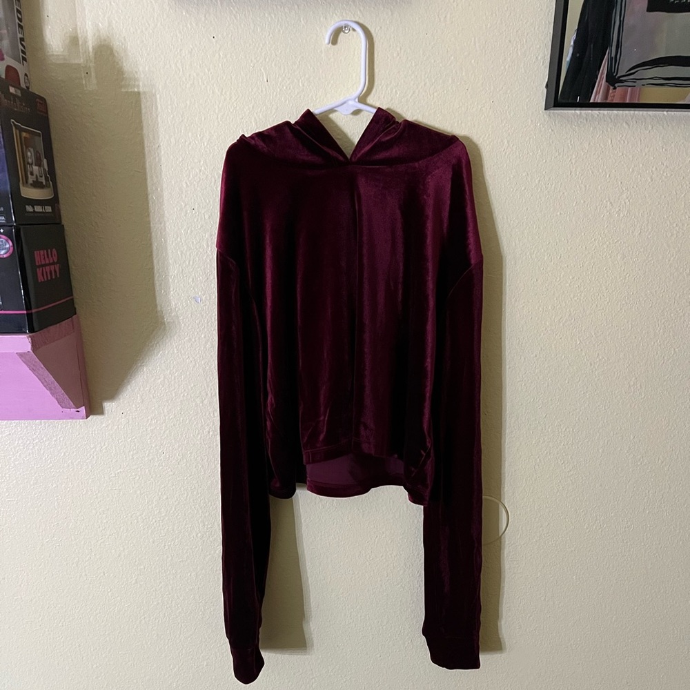 Burgundy Velvet Cropped Long Sleeve Top With Hoodie